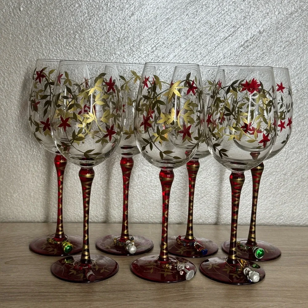 Pier 1 Hand Painted Floral Designs Gold Leaf Glass Water Goblet Set of 7 Glasses